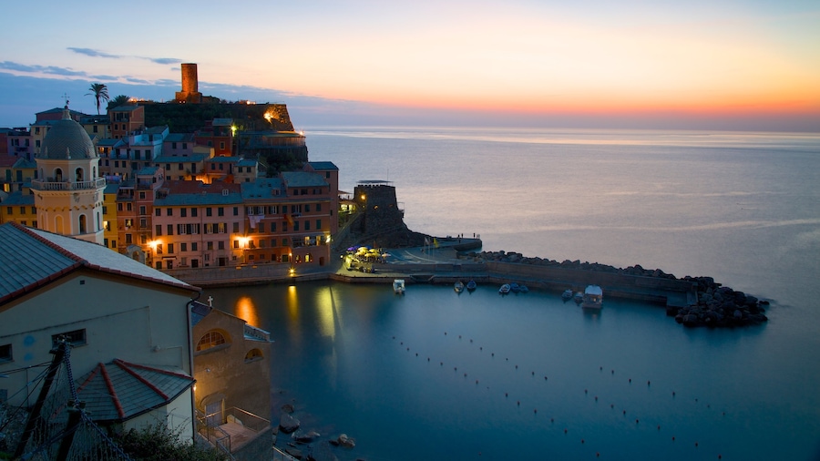Vernazza som omfatter en bugt eller havn, en kystby og en solnedgang