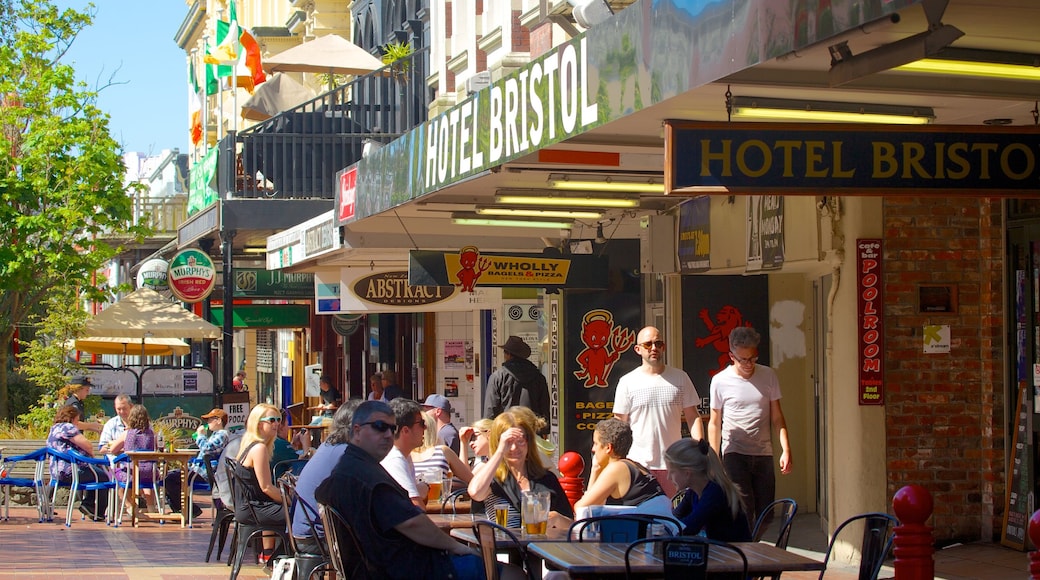 Cuba Street Mall which includes café lifestyle and outdoor eating as well as a large group of people