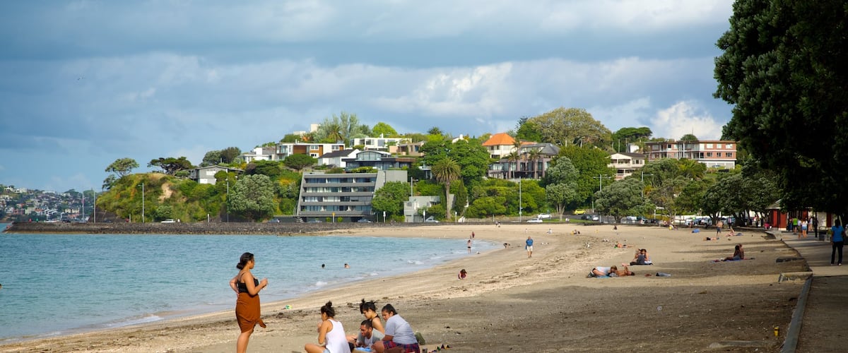 Mission Bay showing a coastal town and a sandy beach