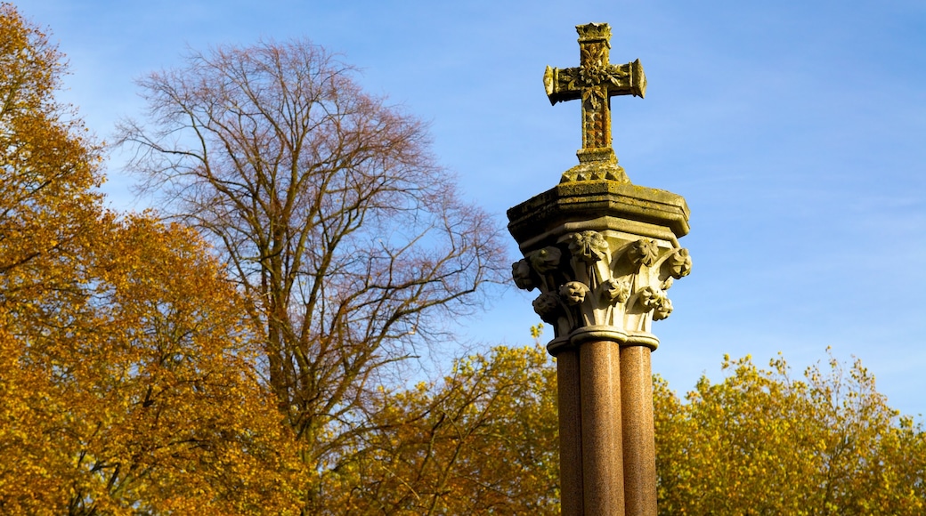 Queens Park que incluye un monumento, hojas de otoño y un parque