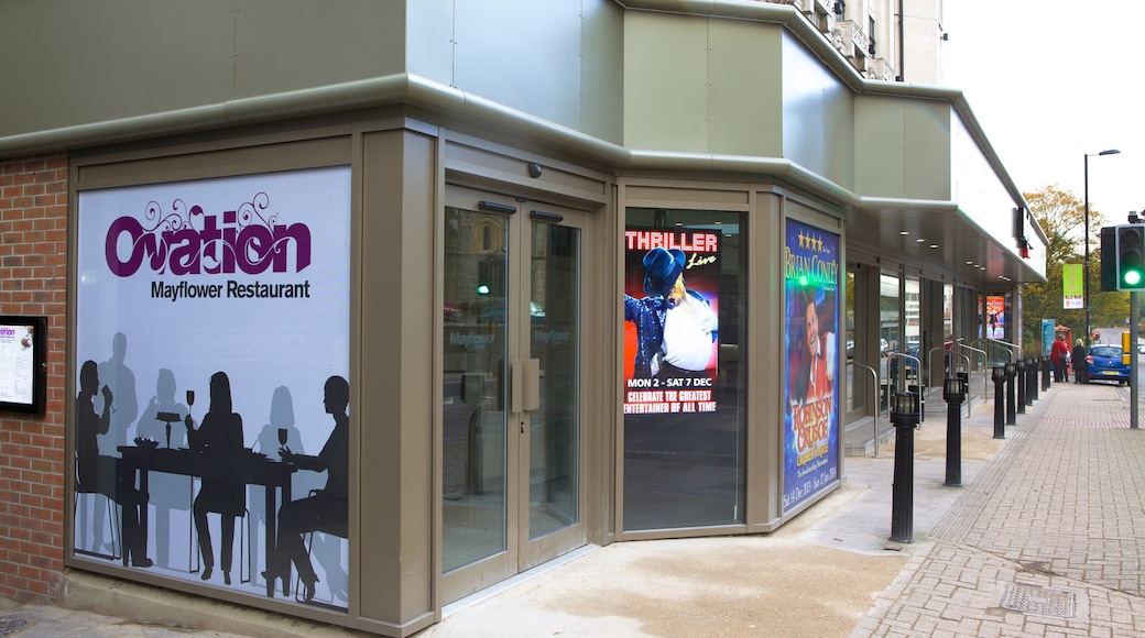 Mayflower Theatre featuring theatre scenes and signage