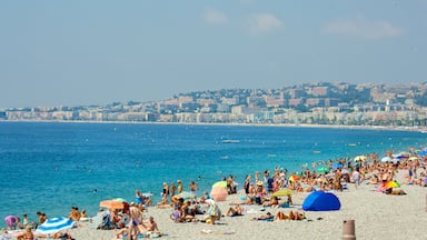 Nice which includes a sandy beach and a coastal town as well as a large group of people