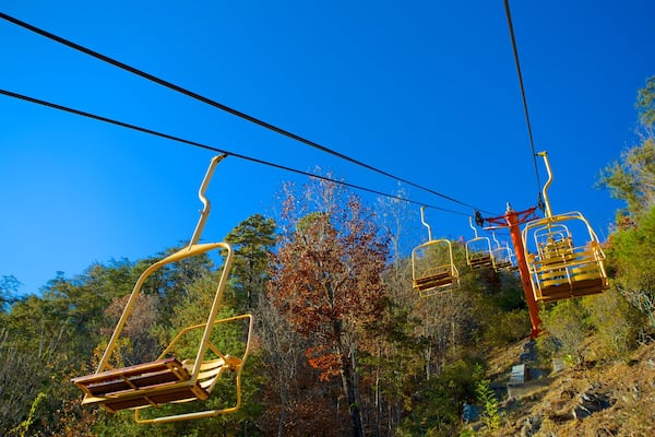 Gatlinburg Sky Lift presenterar en gondola och skogar