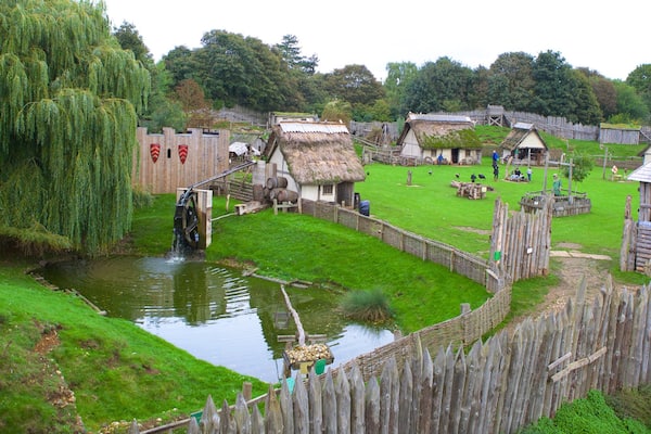 Mountfitchet Castle which includes heritage elements, château or palace and a pond