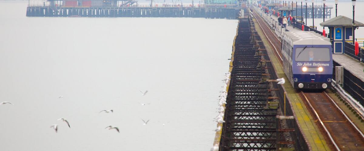 Southend-on-Sea featuring railway items, general coastal views and mist or fog