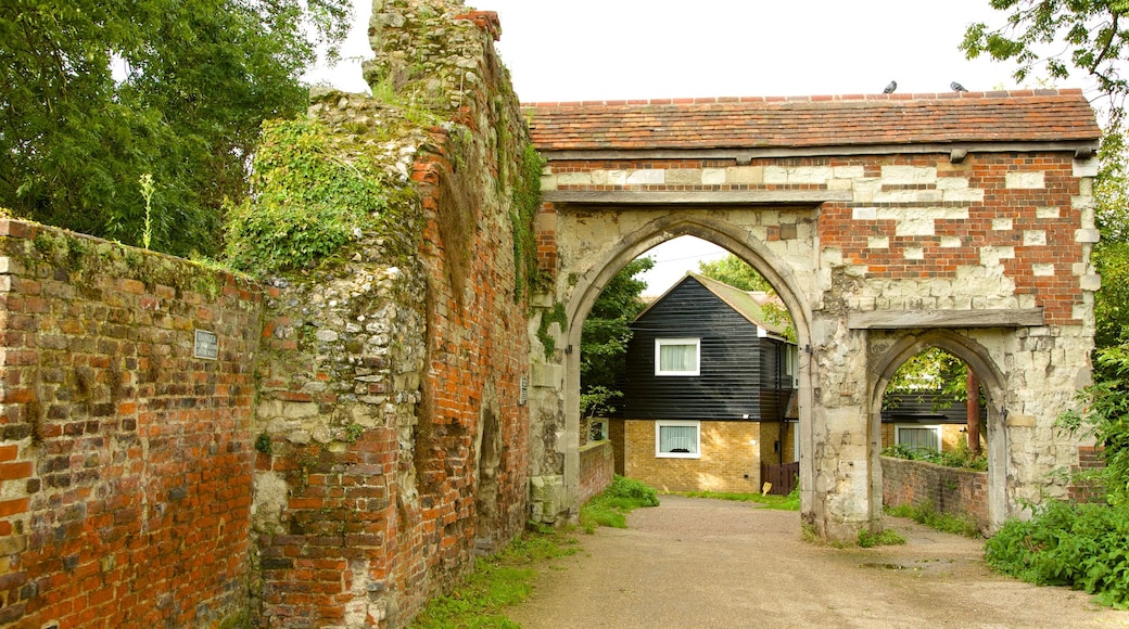 Waltham Abbey showing heritage architecture, a small town or village and building ruins
