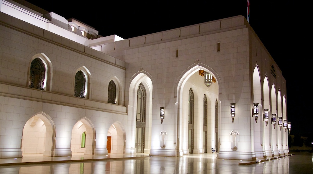 Muscat which includes night scenes, theatre scenes and heritage architecture