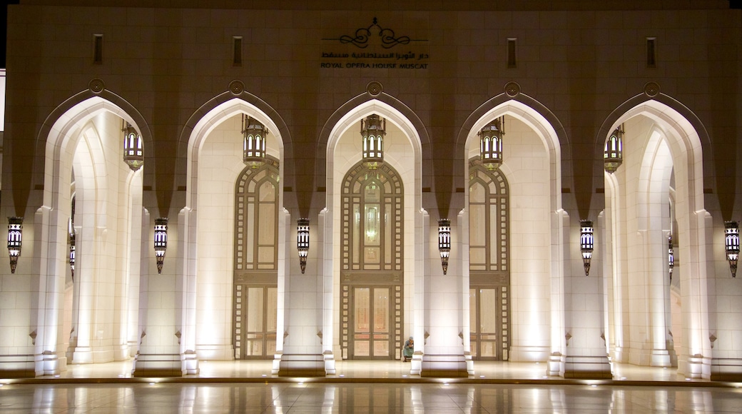 Muscat showing night scenes, heritage architecture and a square or plaza