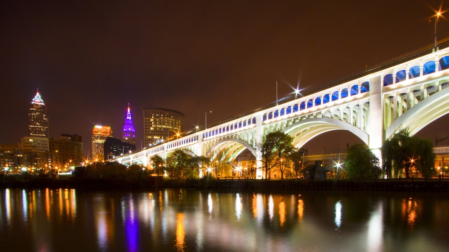 Cleveland ofreciendo escenas nocturnas, una ciudad y un puente