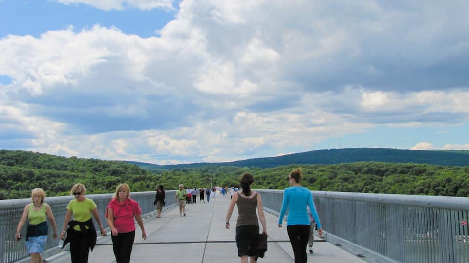 Poughkeepsie which includes a bridge and hiking or walking as well as a small group of people