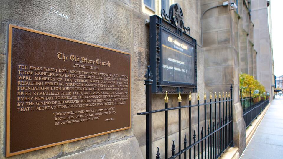 Old Stone Church showing signage