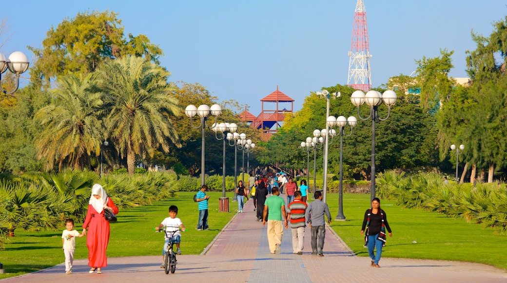 Al Mamzar Beach Park which includes a garden as well as a large group of people