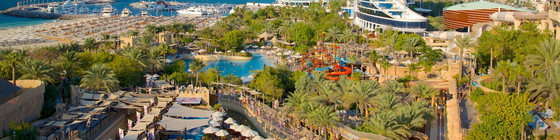 Wild Wadi Water Park which includes modern architecture, a city and a bay or harbor