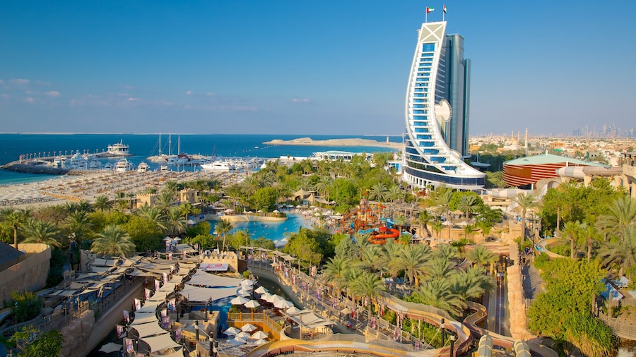 Wild Wadi Water Park showing a high-rise building, modern architecture and a bay or harbour
