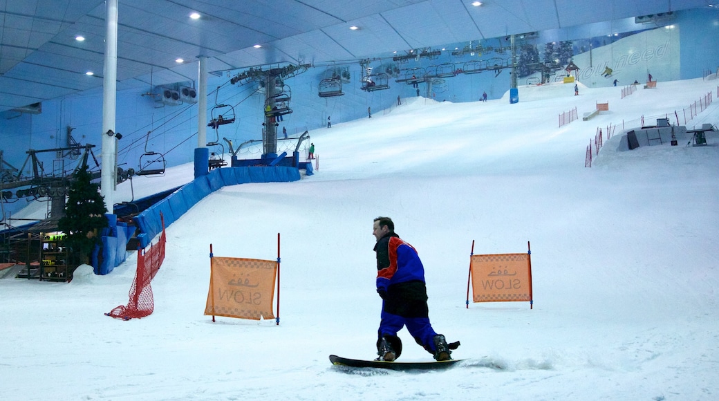 Ski Dubai featuring snow, snow boarding and interior views