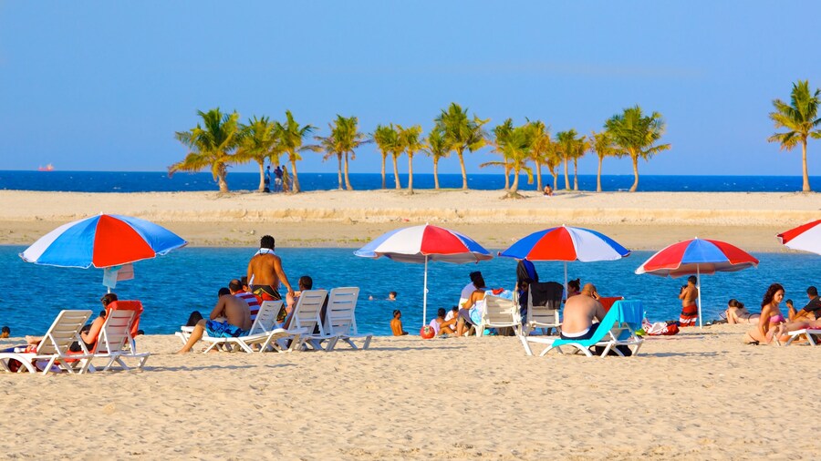 Al Mamzar Beach Park showing a sandy beach and tropical scenes as well as a large group of people