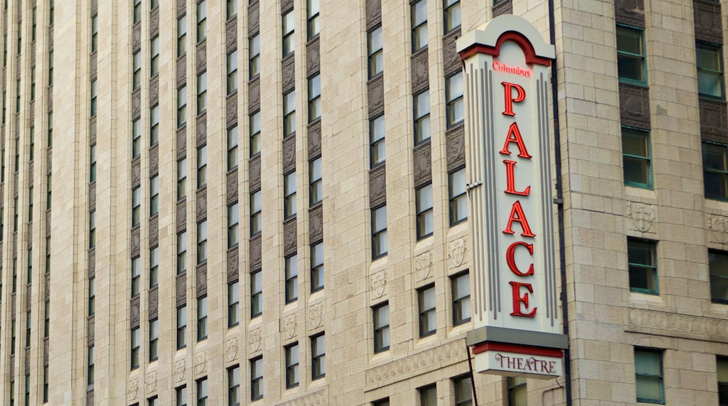 Palace Theatre featuring a hotel, signage and theatre scenes