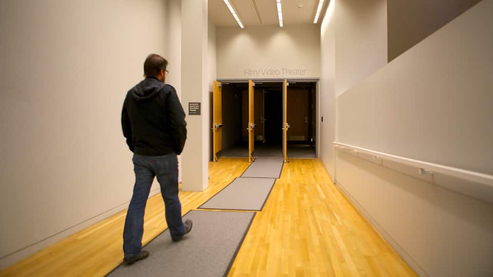 Wexner Center for the Arts que incluye vistas interiores y escenas de teatro y también un hombre
