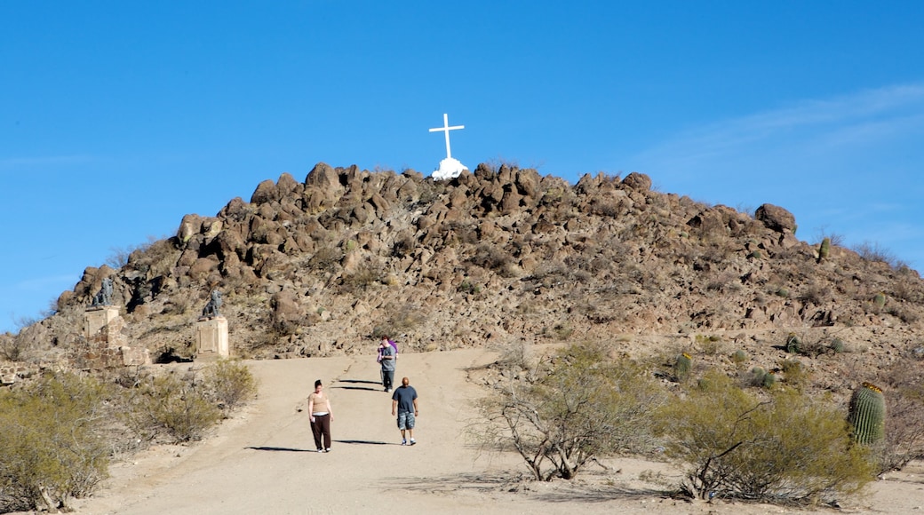 Mission San Xavier del Bac showing hiking or walking, desert views and religious aspects