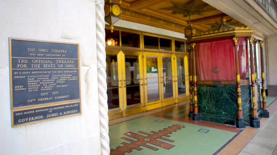 Ohio Theater que incluye señalización y escenas de teatro