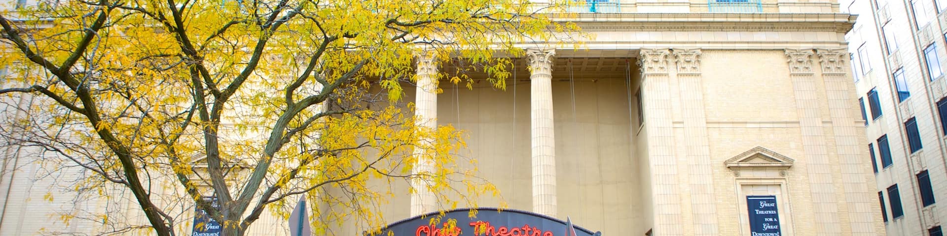 Ohio Theater featuring signage, heritage elements and theater scenes