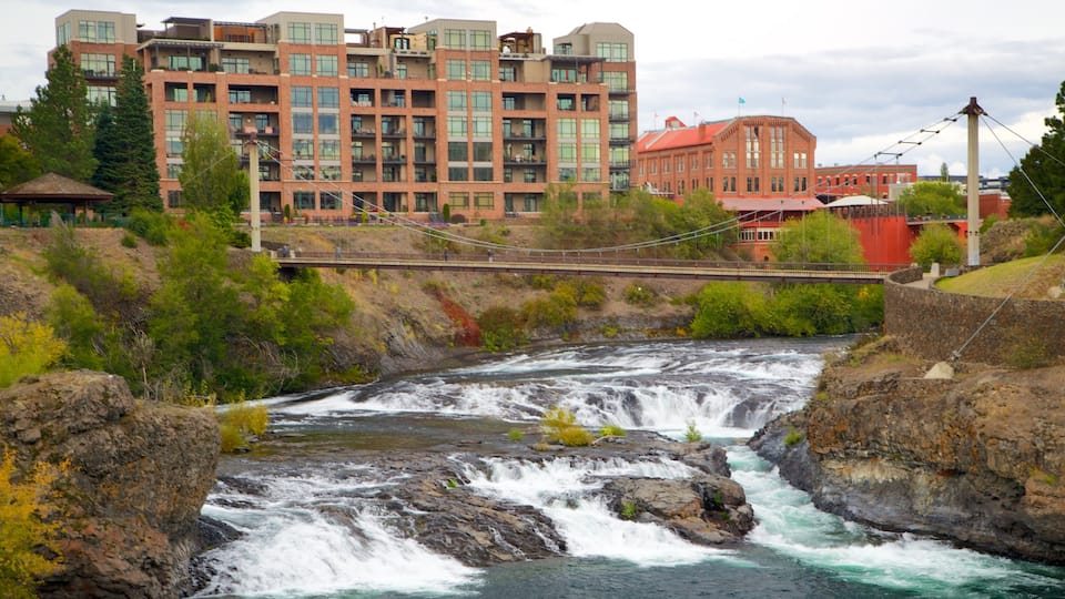 Spokane featuring a city, rapids and a suspension bridge or treetop walkway