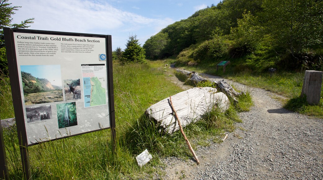 Redwood National and State Parks which includes tranquil scenes and signage