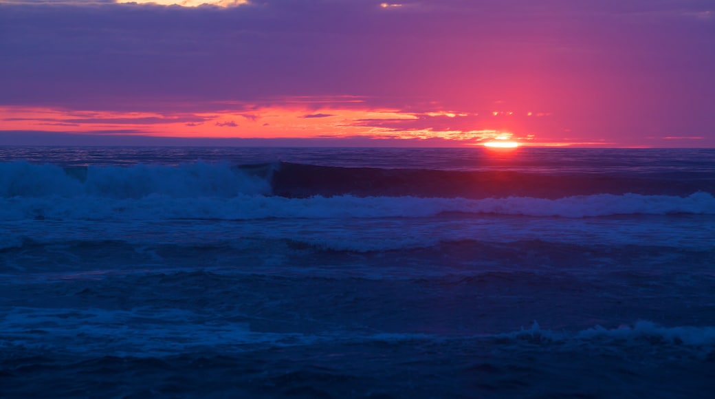 Redwood National and State Parks featuring waves, landscape views and a sunset