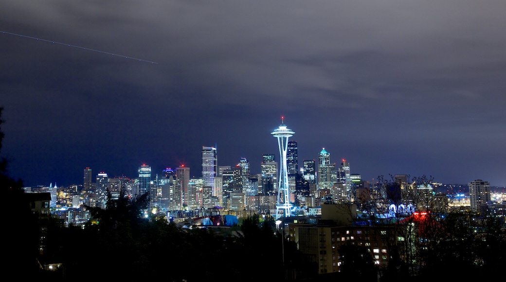 Kerry Park featuring skyline, night scenes and a city