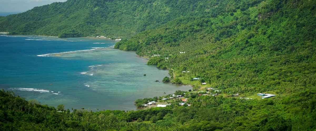 Upolu featuring mountains, a bay or harbour and landscape views