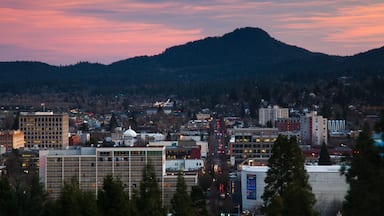 Eugene showing a sunset, mountains and a city