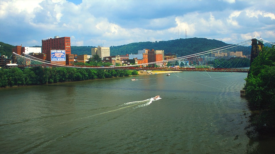 Wheeling que incluye un puente colgante o pasarela en las copas de los árboles, una ciudad y un río o arroyo