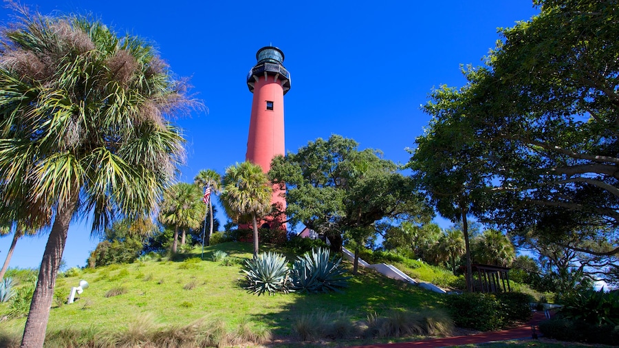 Jupiter Inlet Lighthouse que incluye vista general a la costa, escenas tropicales y un faro