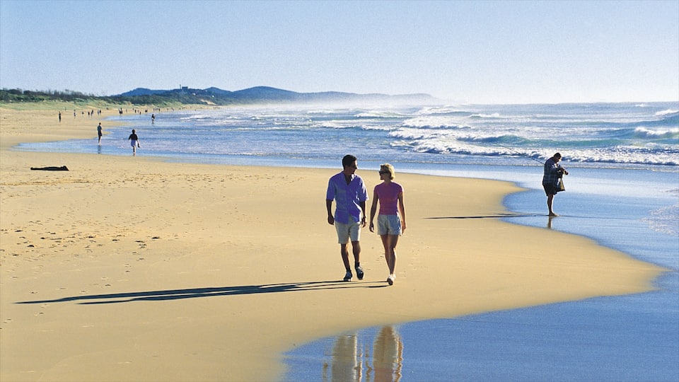 Coolum Beach mettant en vedette plage de sable et panoramas aussi bien que couple
