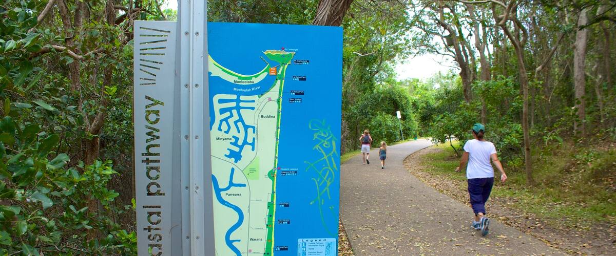 Mooloolaba showing a garden, hiking or walking and signage