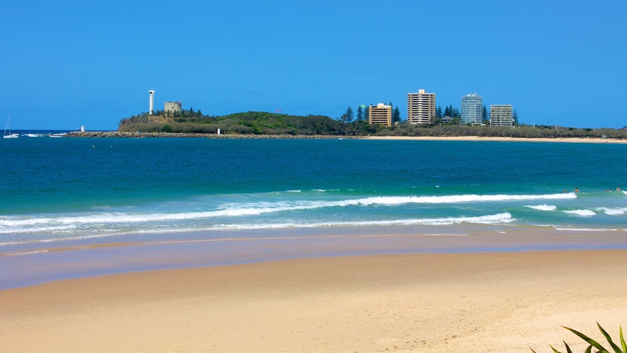Mooloolaba featuring a beach and a coastal town