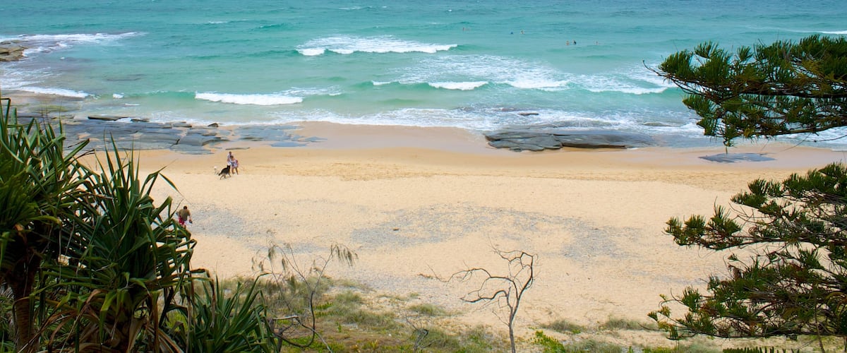 Mooloolaba showing a sandy beach, landscape views and rugged coastline