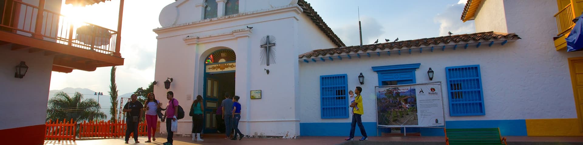 Pueblito Paisa which includes religious elements and a church or cathedral