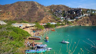 Taganga Beach showing a sandy beach, a bay or harbour and a coastal town