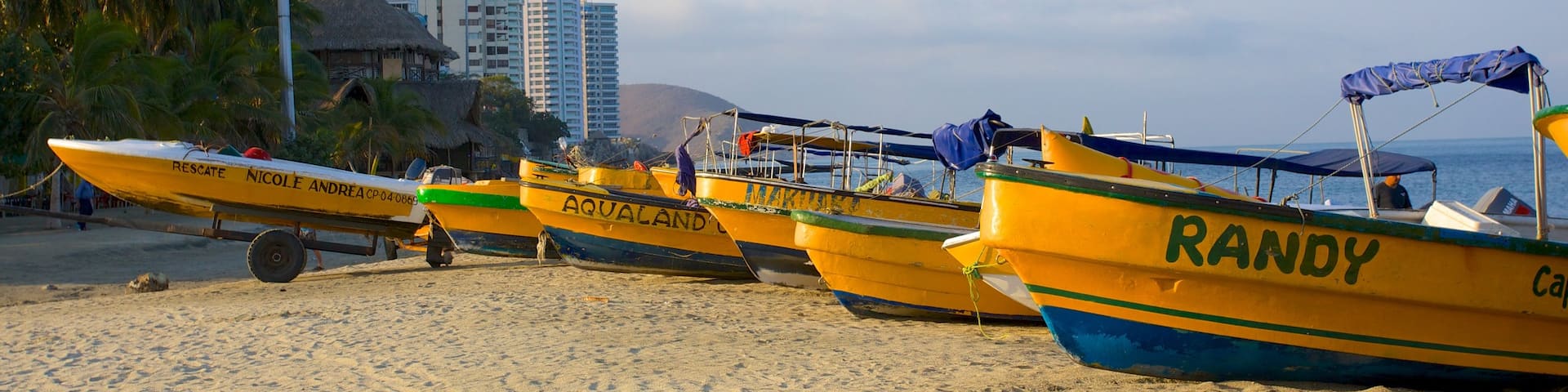 Rodadero Beach showing a sandy beach, a coastal town and boating