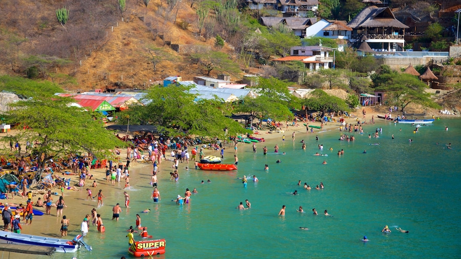 Bãi biển Taganga cho thấy bãi biển, thị trấn duyên hải và bơi lội