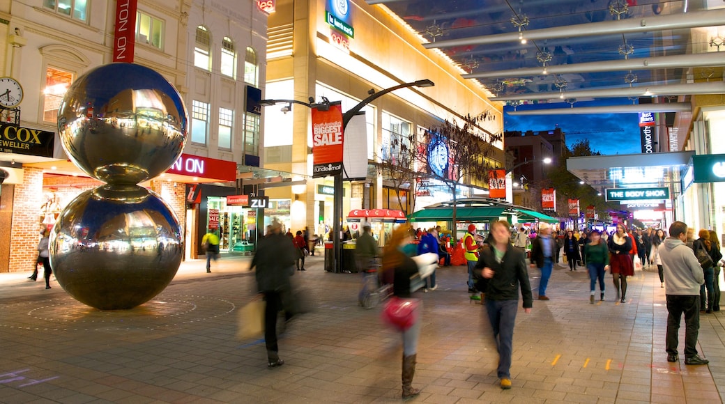 Rundle Mall which includes outdoor art, a city and night scenes