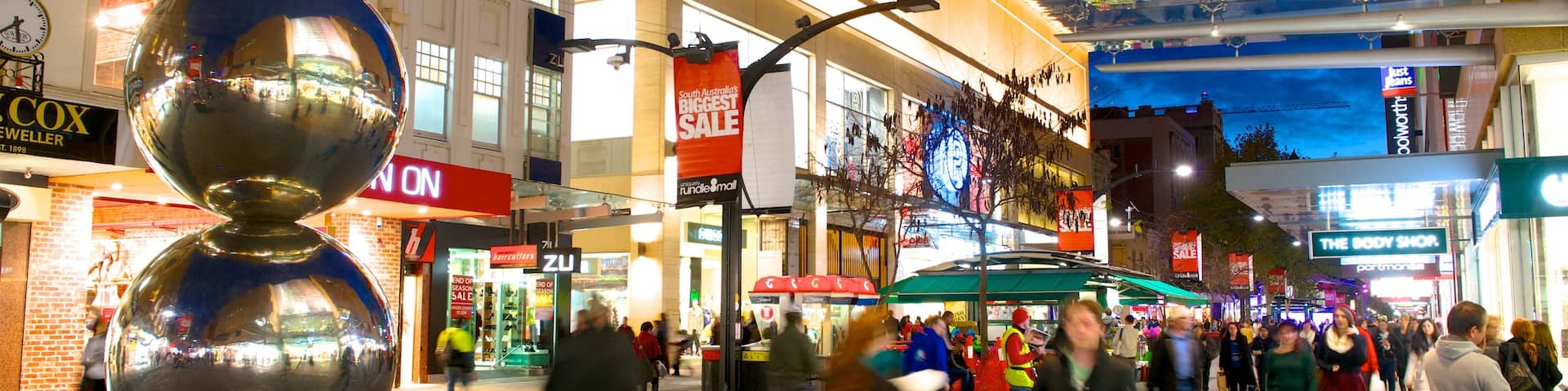Rundle Mall which includes outdoor art, a city and night scenes