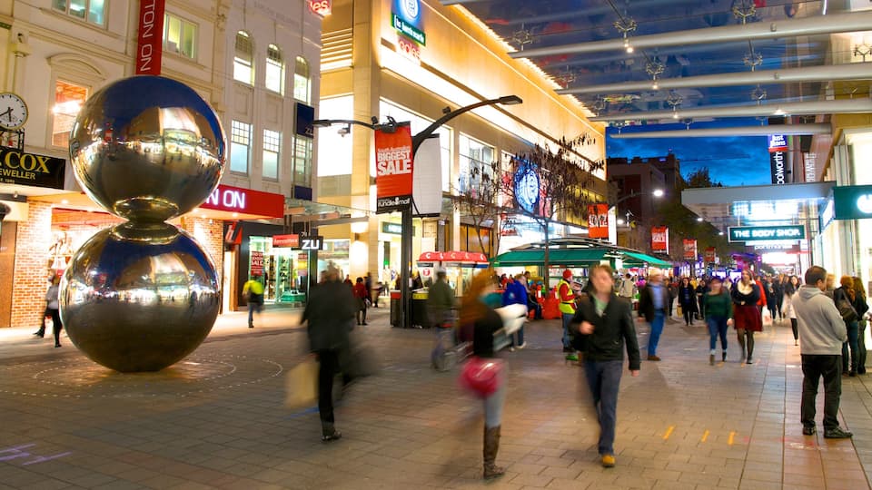 Rundle Mall which includes outdoor art, a city and night scenes