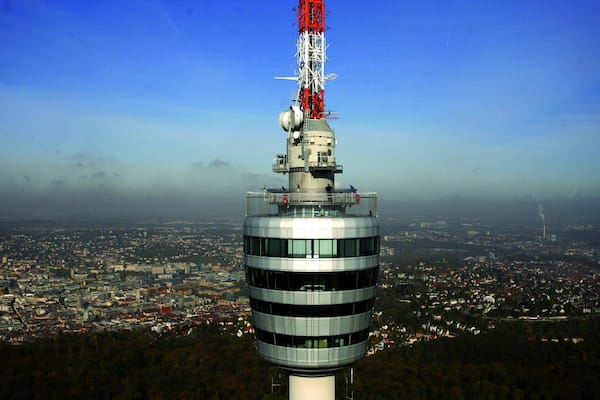 Stuttgart TV Tower showing a skyscraper, modern architecture and a city