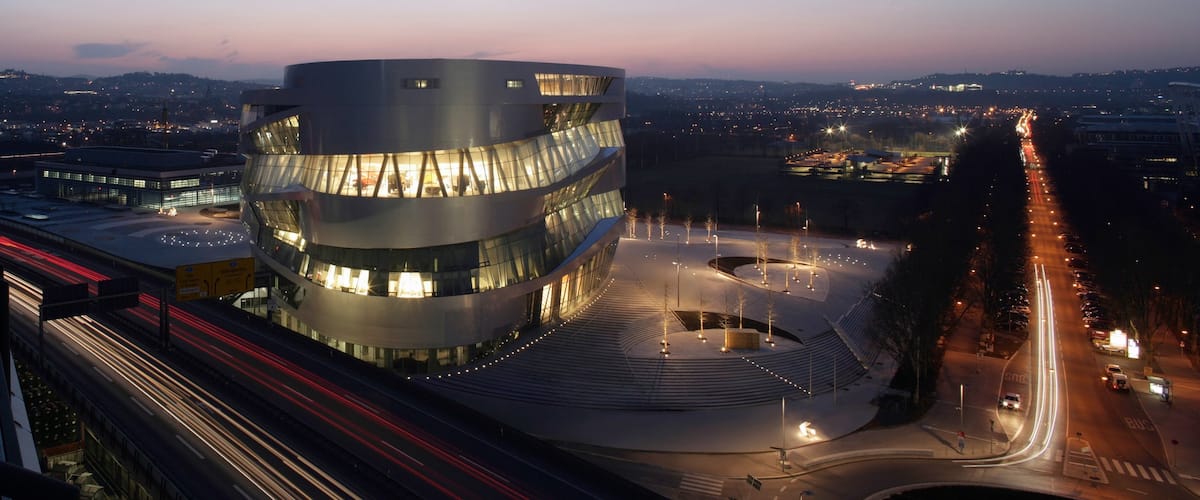 Mercedes Benz Museum which includes street scenes, modern architecture and a city