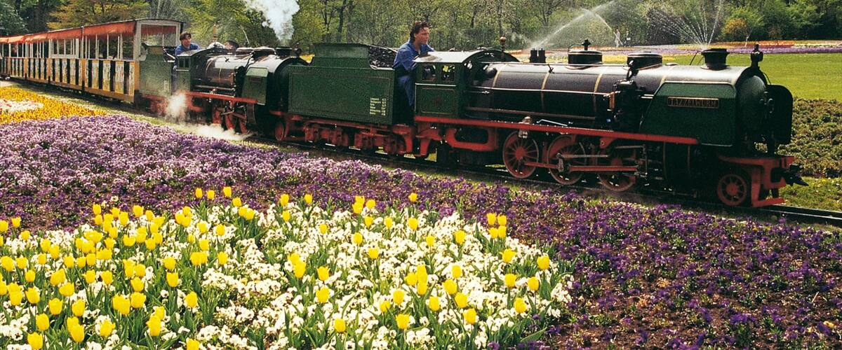 Höhenpark Killesberg das einen Garten, Eisenbahnbetrieb und Blumen