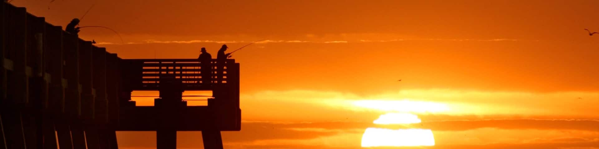 Jacksonville Beach Pier which includes general coastal views, fishing and a sunset