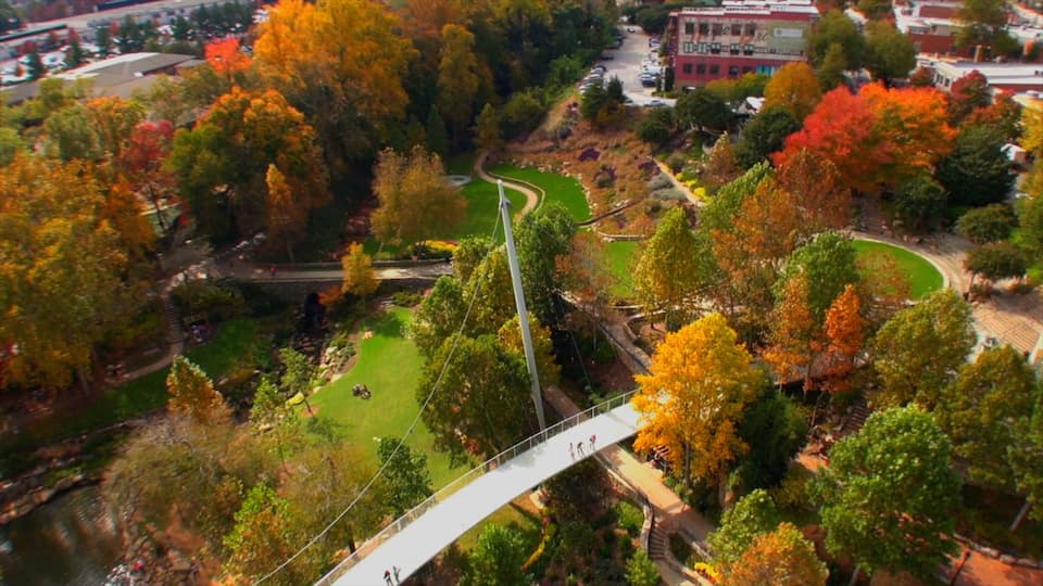 Greenville which includes autumn colours, a park and a bridge