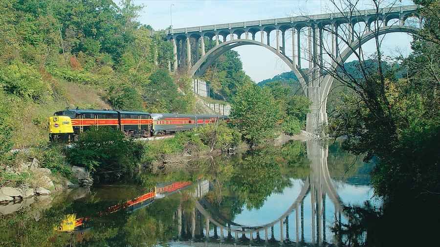 Canton mostrando un río o arroyo, artículos de ferrocarril y un puente